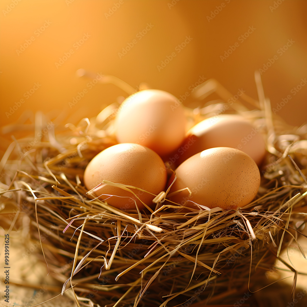 A nest of eggs sits in a straw-filled basket A nest of eggs sits in a straw-filled basket