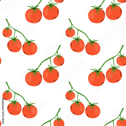Brightly colored tomatoes hanging on green vines against a white background in a seamless pattern