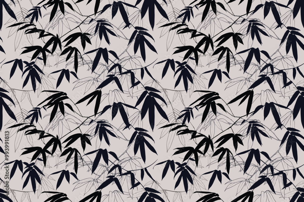 Seamless pattern bamboo leaves abstract background.Vector illustration hand drawn line art.For fabric fashion print design or product packaging.