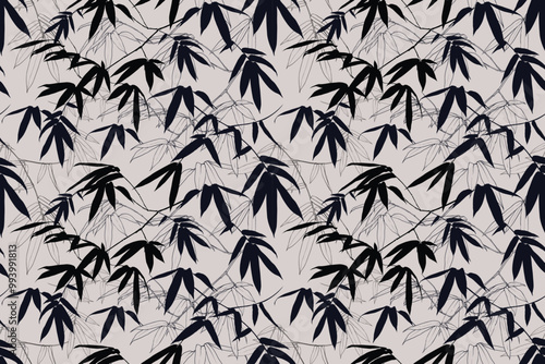 Seamless pattern bamboo leaves abstract background.Vector illustration hand drawn line art.For fabric fashion print design or product packaging.