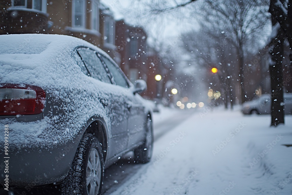 Car covered in snow on residential street at twilight