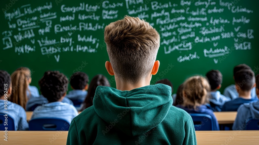 Classroom Scene with Focused Student in Green Hoodie Classroom Scene with Focused Student in Green Hoodie