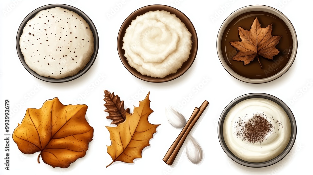 A vibrant collection of bowls filled with various creams and autumn leaves, perfect for seasonal-themed projects. A vibrant collection of bowls filled with various creams and autumn leaves, perfect for seasonal-themed projects.