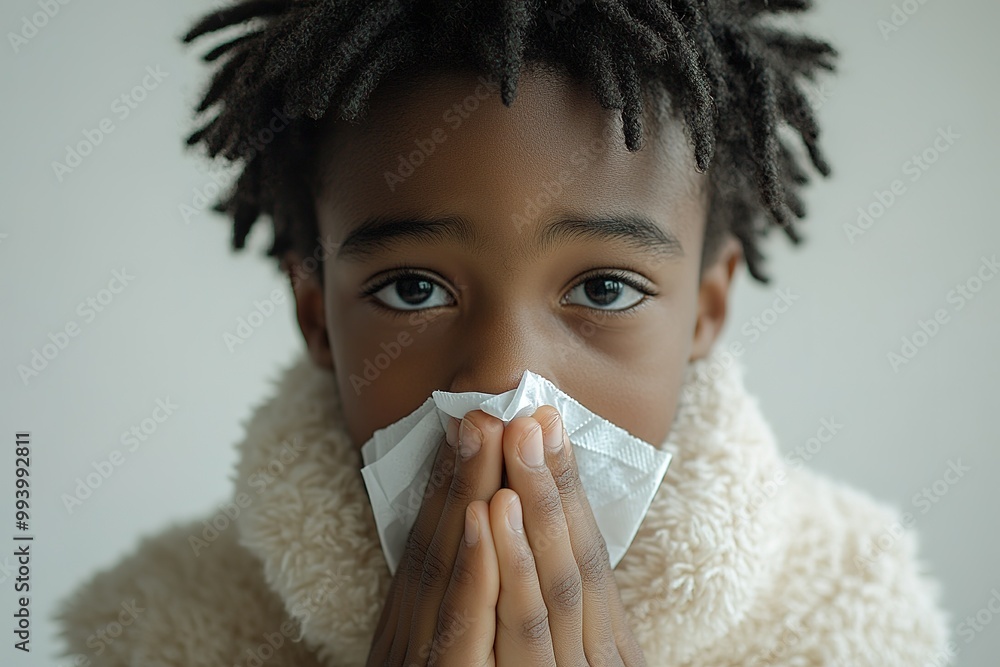 Toddler boy with sick look blowing her nose in the napkin, health and care concept, indoor portrait Toddler boy with sick look blowing her nose in the napkin, health and care concept, indoor portrait