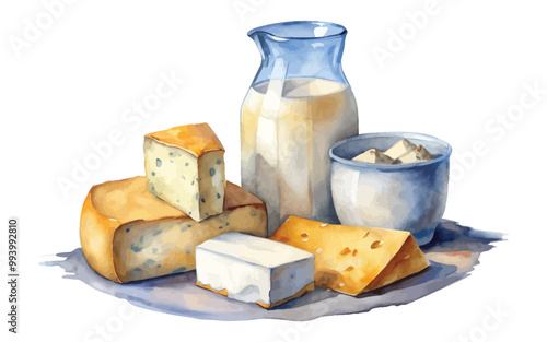 Watercolor milk cheese set vector illustration.on white background
