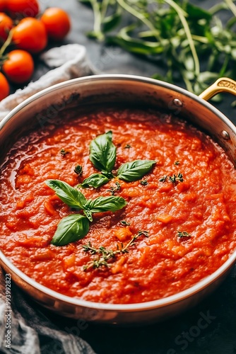 Close-up of a pot of freshly made tomato sauce with basil and thyme.