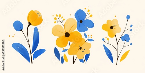 Three frame art of yellow and blue flower icons, simple shapes, on a white background