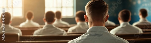 Men sitting in a row, softly lit interior environment. photo