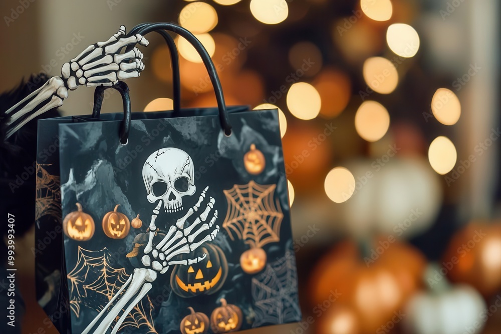Obraz premium Skeleton hand holding Halloween themed gift bag, white isolate background.