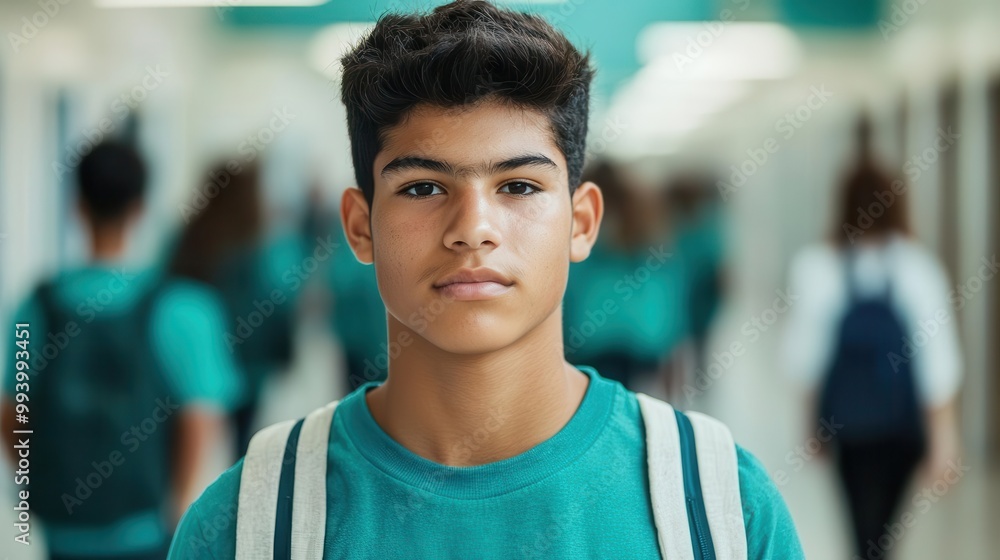 Portrait of a young student in a school hallway, focused expression. Portrait of a young student in a school hallway, focused expression.