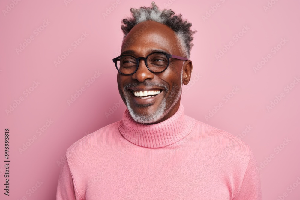Obraz premium Portrait of a grinning afro-american man in his 50s dressed in a thermal insulation vest over solid pastel color wall