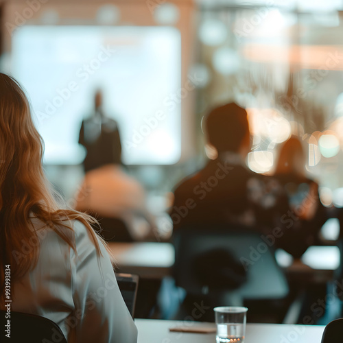 A woman sits in a classroom with a man giving a presentation