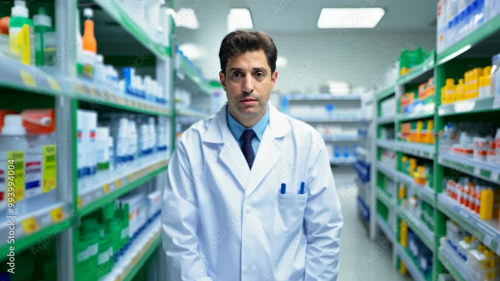 Male pharmacist in a white coat standing in a pharmacy aisle surrounded by medical products, looking directly at the camera with a serious expression, wearing a shirt and tie. Male pharmacist in a white coat standing in a pharmacy aisle surrounded by medical products, looking directly at the camera with a serious expression, wearing a shirt and tie.