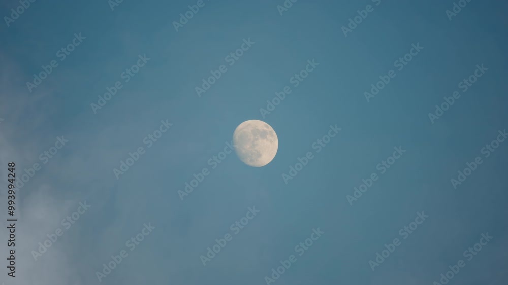 Almost full waxing Moon in bright blue sky with swirling mist. Scraps of fog float through the sky to the Moon circle. Almost full waxing Moon in bright blue sky with swirling mist. Scraps of fog float through the sky to the Moon circle.