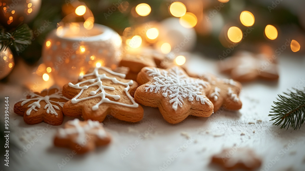 Decorative holiday cookies with festive designs displayed on a table adorned with twinkling lights and green pine branches Decorative holiday cookies with festive designs displayed on a table adorned with twinkling lights and green pine branches