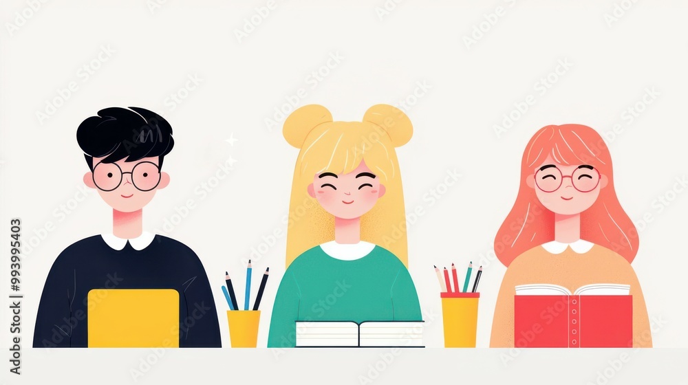 Students setting goals for academic success, motivated expressions and school supplies, flat design illustration