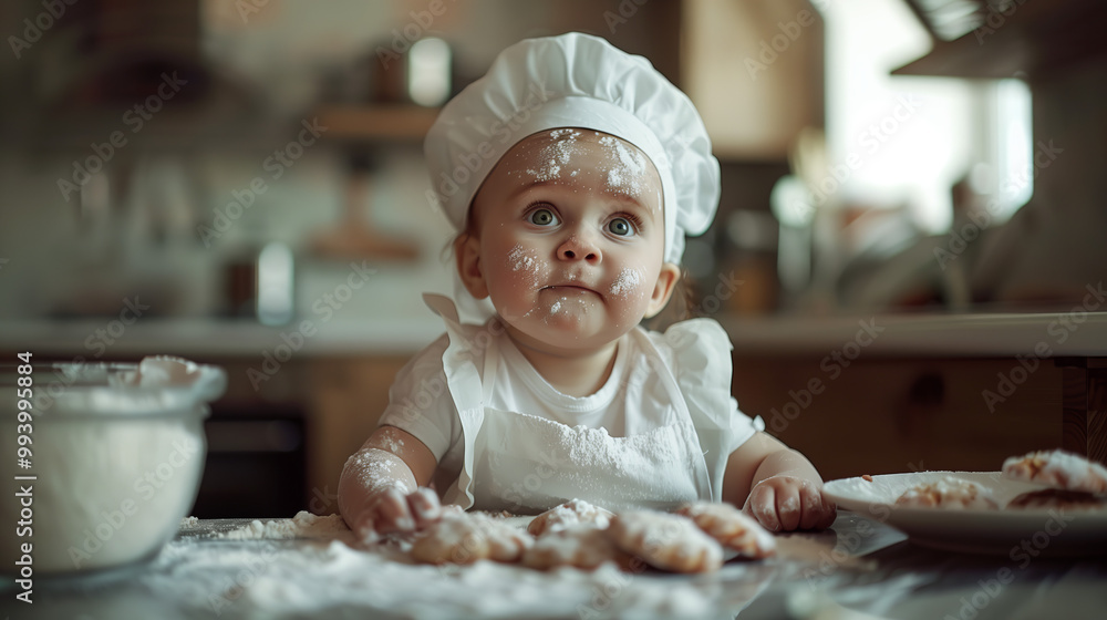 A cute baby in a white chef's hat sits at the table covered in flour with cookies scattered around. The modern kitchen glows with soft light from above A cute baby in a white chef's hat sits at the table covered in flour with cookies scattered around. The modern kitchen glows with soft light from above