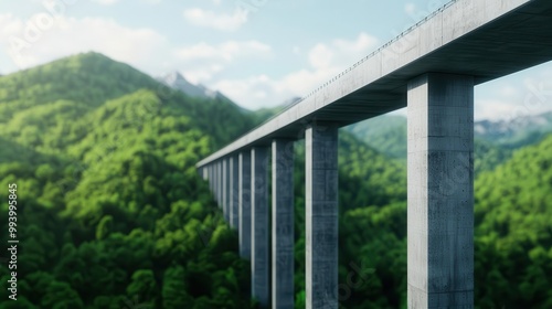 Modular sections of a modern bridge made from eco-friendly composites being installed by autonomous cranes, surrounded by a green landscape, Sustainability, 3D Render