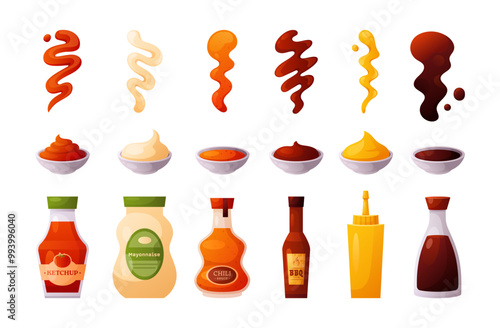 Sauce icons. Vector set of different sauces with tomato ketchup, mustard, mayonnaise, soy, hot spicy, pepper chili, bbq in the bowl. Splash strips, drops, liquid. Spicy dressing for meal, barbecue 