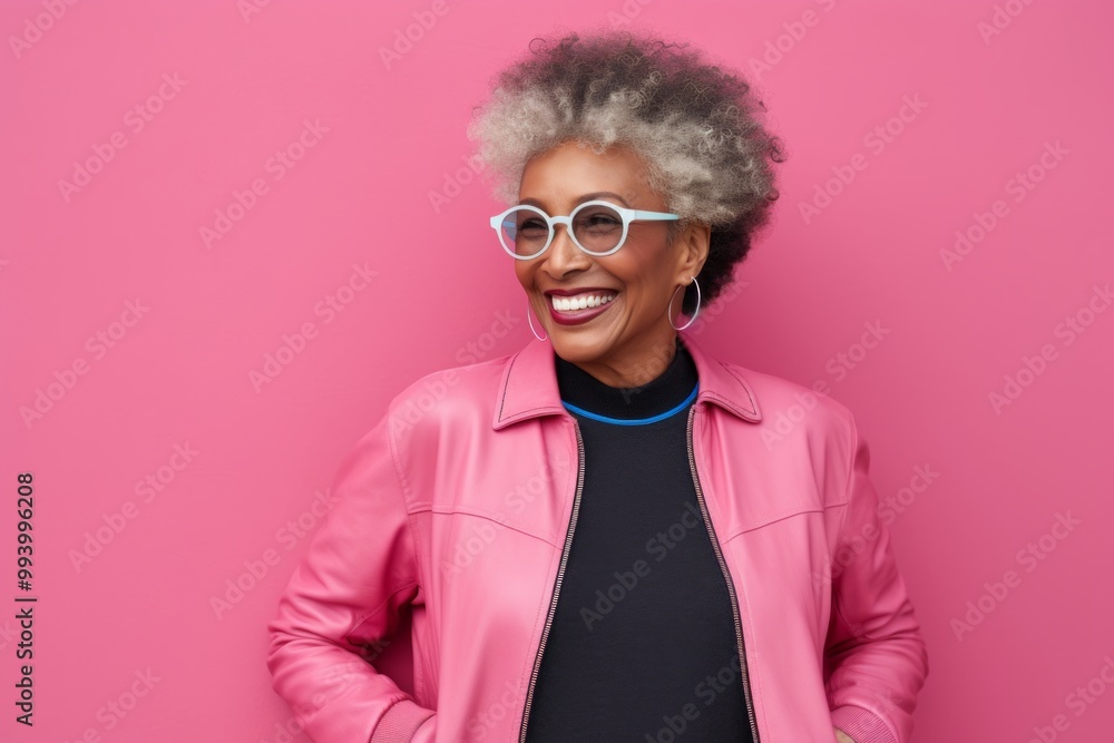 Portrait of a smiling afro-american woman in her 60s sporting a stylish varsity jacket on solid pastel color wall Portrait of a smiling afro-american woman in her 60s sporting a stylish varsity jacket on solid pastel color wall