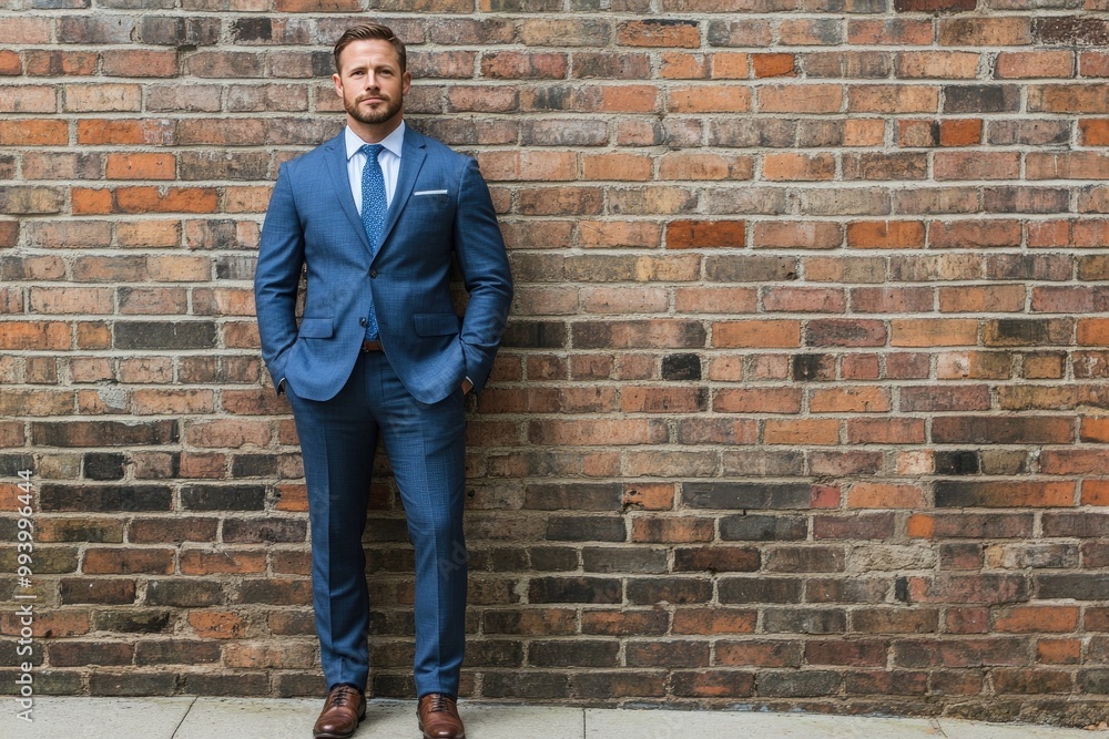 A man in a blue suit stands against a brick wall. Perfect for business or professional photography. A man in a blue suit stands against a brick wall. Perfect for business or professional photography.