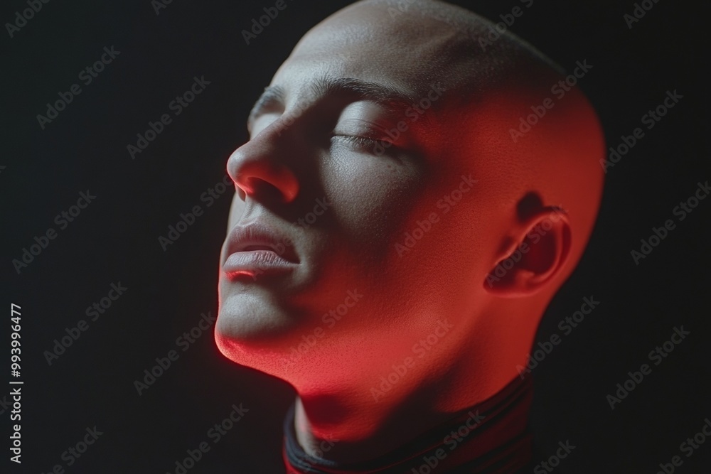 Bald man bathed in red light with serene expression symbolizing inner peace mindfulness and the calm found within modern meditation techniques and personal introspection Bald man bathed in red light with serene expression symbolizing inner peace mindfulness and the calm found within modern meditation techniques and personal introspection