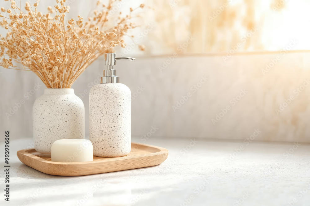 Elegant bathroom decor with textured white containers, a minimalist soap, and dried flowers in a serene setting, evoking tranquility and sophistication. Elegant bathroom decor with textured white containers, a minimalist soap, and dried flowers in a serene setting, evoking tranquility and sophistication.