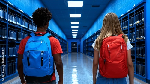 Students Walking in a Bright School Hallway photo