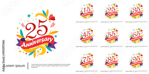 Set of 15-95years anniversary celebration logo isolated colorful and cheerful with leaves, ribbons and stars on white background. vector illustration template design for web, flyers, poster, greeting