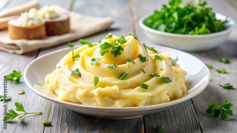 Creamy Mashed Potatoes on White Plate with Soft Butter and Parsley Garnish for Culinary Use Creamy Mashed Potatoes on White Plate with Soft Butter and Parsley Garnish for Culinary Use