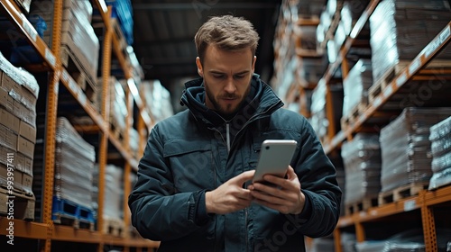 A worker checks inventory in a warehouse. The worker is using a smartphone to check inventory levels and manage orders in a busy warehouse environment.