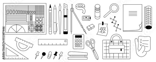 linear icon set of stationery and stuff for school and education. icons for logo stickers website poster