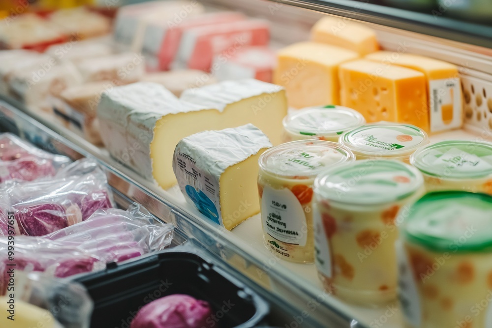 creamy cheeses and colorful yogurt containers being chosen from a refrigerated display creamy cheeses and colorful yogurt containers being chosen from a refrigerated display