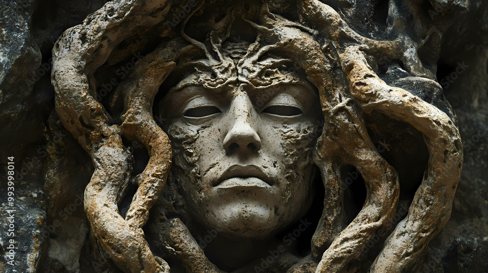 Stone sculpture of medusa's face in a stone niche. Gorgon. Illustration Stone sculpture of medusa's face in a stone niche. Gorgon. Illustration