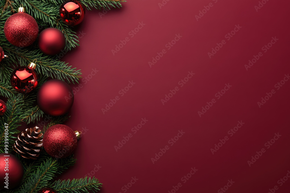 Festive red ornaments and pine branches create a warm holiday atmosphere against a deep burgundy backdrop, perfect for Christmas celebrations. Festive red ornaments and pine branches create a warm holiday atmosphere against a deep burgundy backdrop, perfect for Christmas celebrations.
