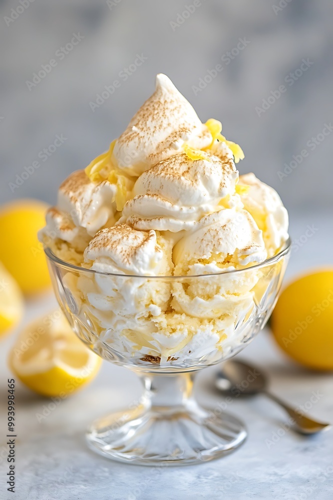 Close-up of Lemon Ice Cream with Whipped Cream and Lemon Zest in Glass Bowl. Close-up of Lemon Ice Cream with Whipped Cream and Lemon Zest in Glass Bowl.