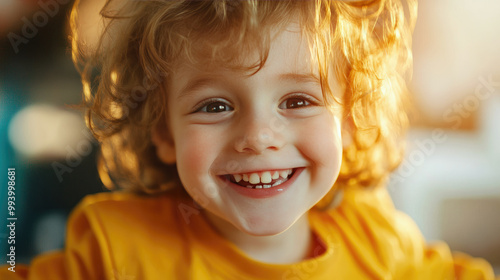 Joyful child beaming with a radiant smile, golden sunlight illuminating curly hair, embodying pure happiness and innocence in a warm, inviting atmosphere.