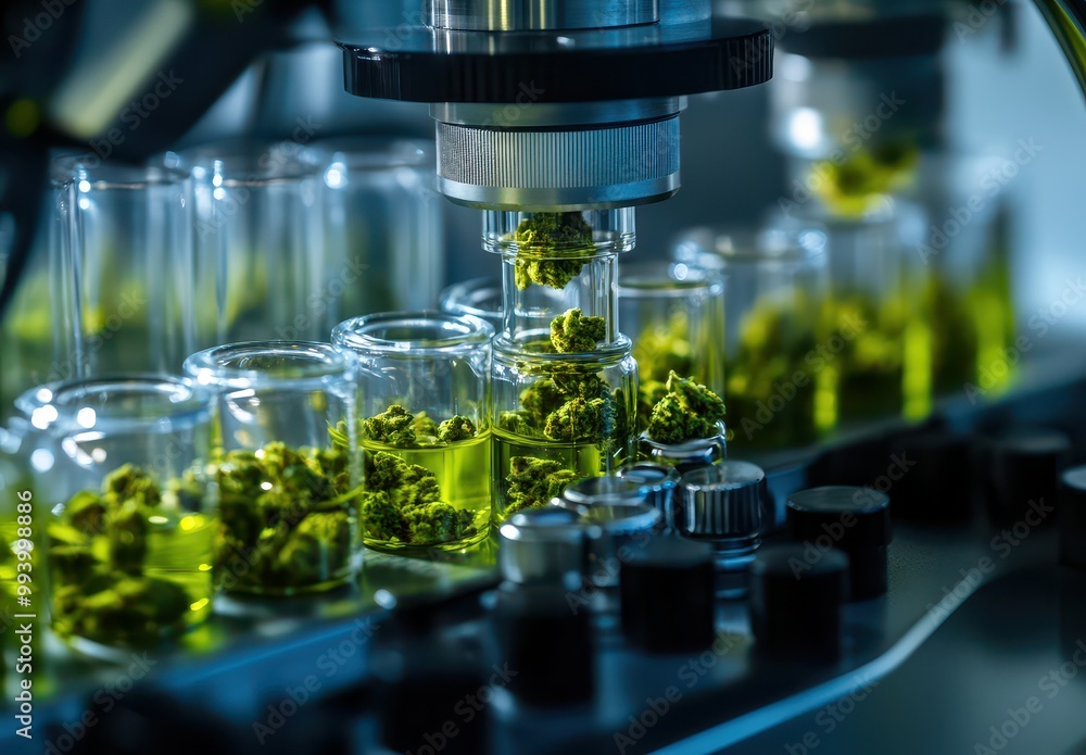 A close-up of cannabis buds being filled into glass vials in an industrial laboratory setting, highlighting the precision and technology behind the marijuana oil production process A close-up of cannabis buds being filled into glass vials in an industrial laboratory setting, highlighting the precision and technology behind the marijuana oil production process