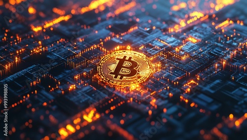 glowing golden Bitcoin symbol floating above a complex network of interconnected nodes and circuits photo