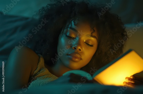 A cinematic shot of an African American woman with curly hair laying in bed reading. The room is dark, and the yellow glow from her book illuminates her face. Her are grey.