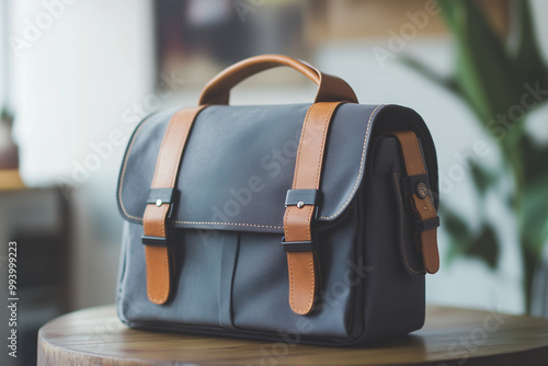 Selective focus leather school bag on wooden table, Close up shot leather backpack, Canvas backpack on wooden table .