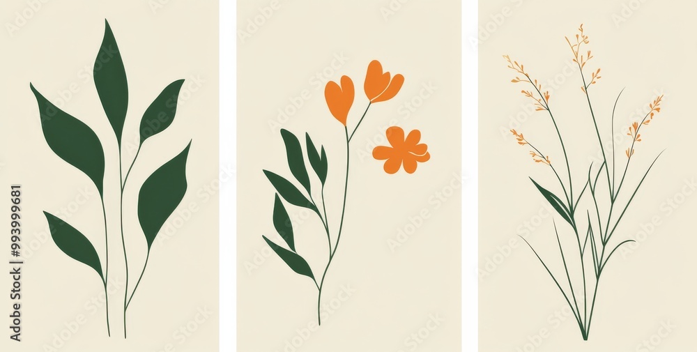 Naklejka premium Three minimalist plant designs featuring a harmonious green and orange color palette on white backgrounds.