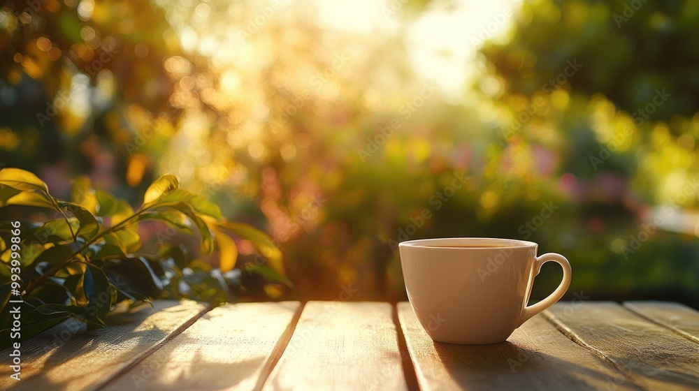 A serene garden scene with a white coffee cup on a wooden table, sunrise glow creating a peaceful atmosphere. A serene garden scene with a white coffee cup on a wooden table, sunrise glow creating a peaceful atmosphere.