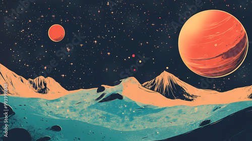 Retro colors and style, planet, moon, stars. retro space poster template. abstract cosmic background,. Retro Futurism. Illustration