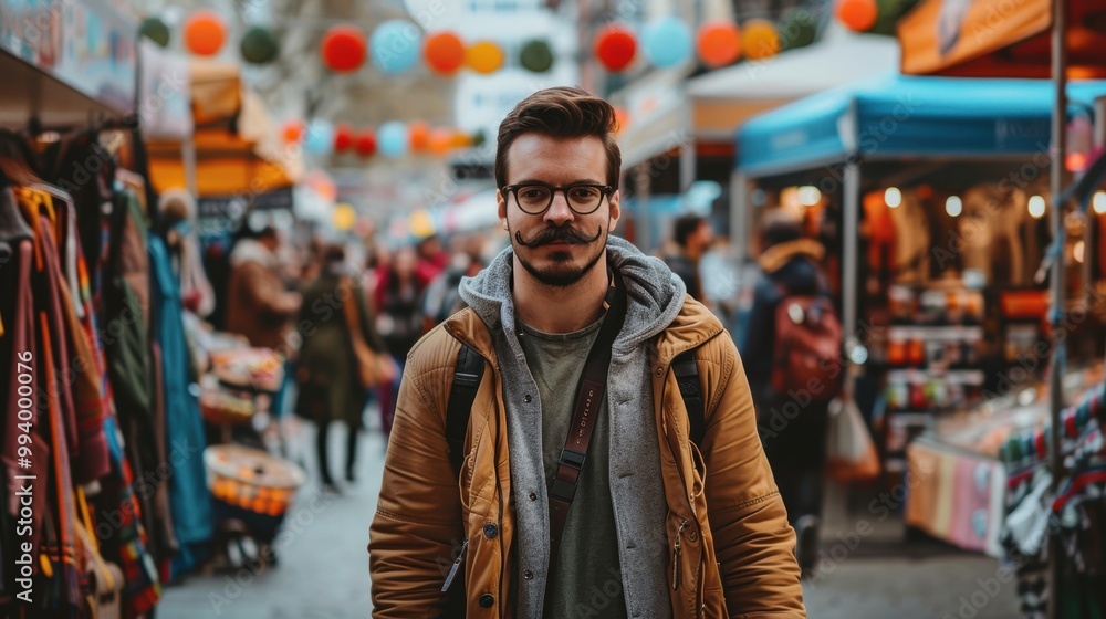 Stylish Man with Movember Mustache Walking through Vibrant Urban Market for Fashion and Lifestyle Stylish Man with Movember Mustache Walking through Vibrant Urban Market for Fashion and Lifestyle