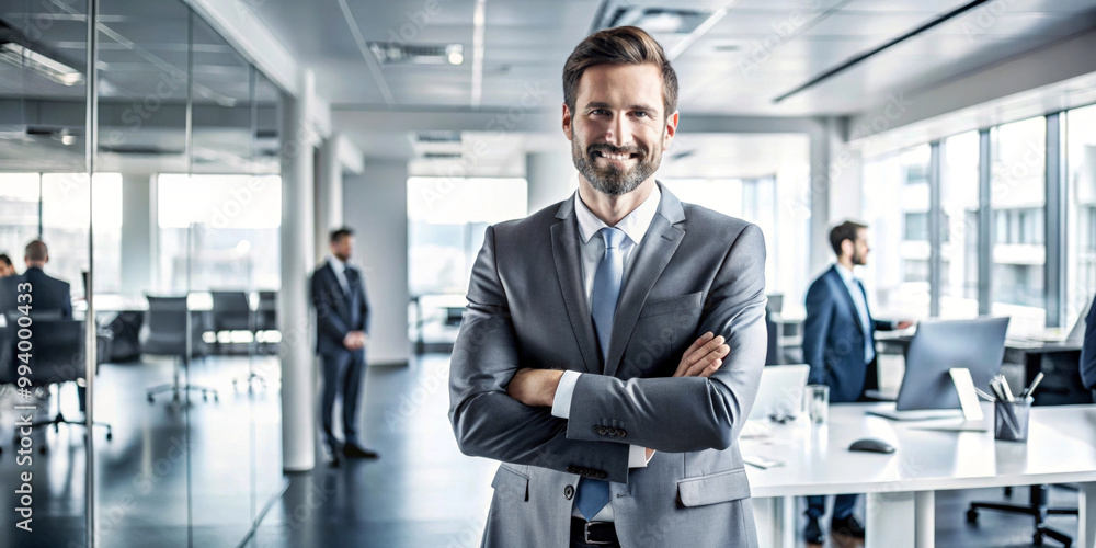 A confident man in a suit smiles with his arms crossed in a modern office environment. Other professionals can be seen working in the background, adding to the bustling atmosphere. AI generated.