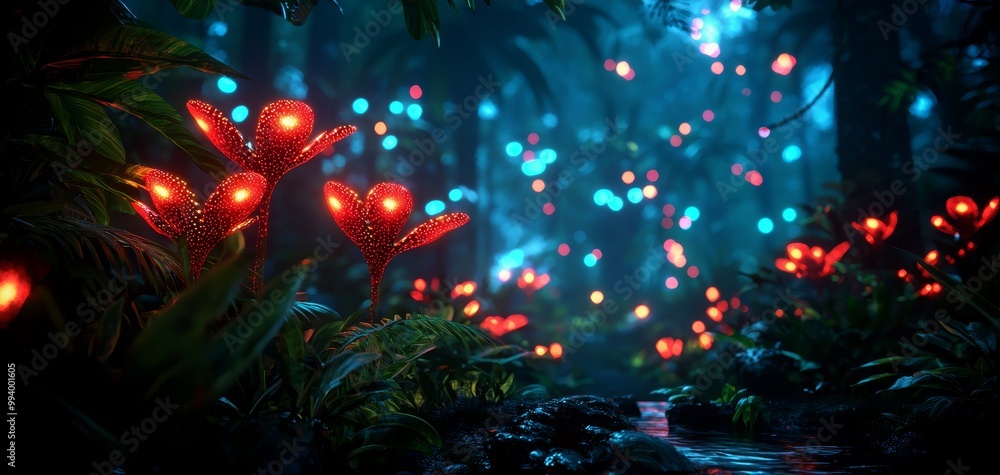 A magical forest filled with glowing flowers and vibrant greenery, creating an enchanting atmosphere. A magical forest filled with glowing flowers and vibrant greenery, creating an enchanting atmosphere.