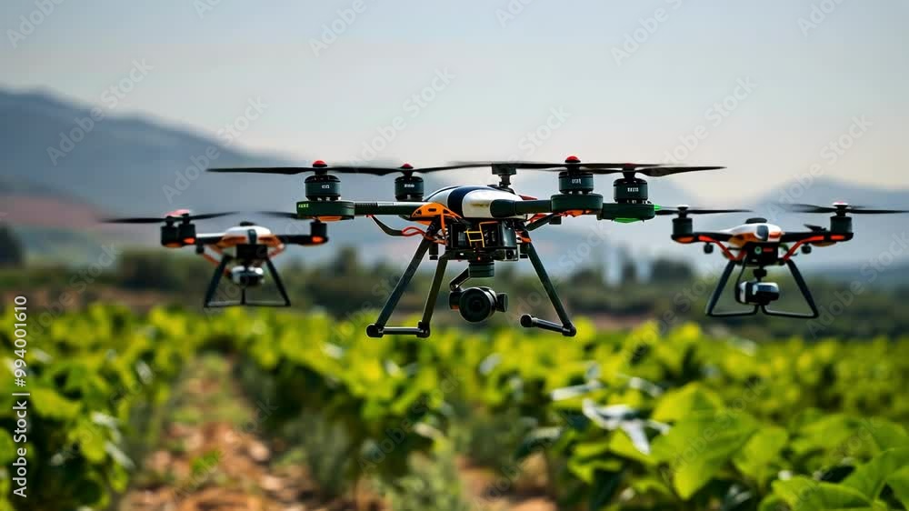 Drones fly over agricultural fields, capturing aerial views of crops, showcasing tech in farming Drones fly over agricultural fields, capturing aerial views of crops, showcasing tech in farming