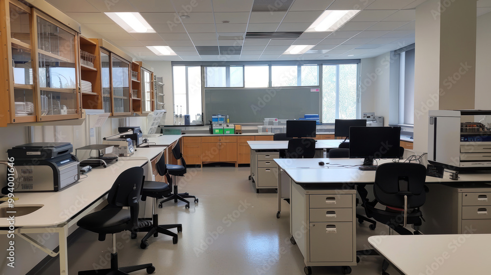 A collaborative workspace in a research lab featuring flexible desks, high-tech instruments, and smart boards for scientific discussions.