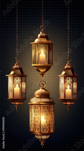 Ornate lanterns hanging from chains against a dark patterned background.